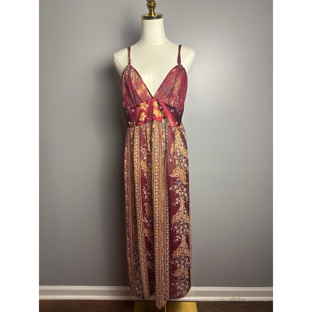 Cinema Etoile Sheer Maxi Slip Dress Medium Lingerie Nightgown Boho Floral Y2K